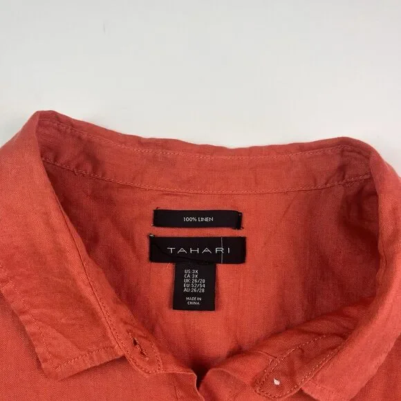 Tahari Linen Button Up Tunic Top Sz 3X Orange Lagenlook Lagom Long Sleeve Boho - Picture 3 of 10